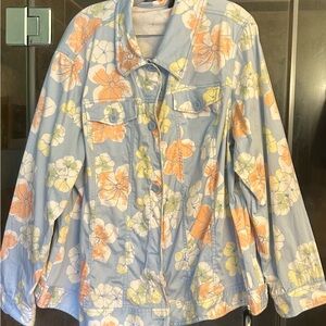 Liz Claiborne Light Blue Floral Jacket with Orange and Yellow Blooms